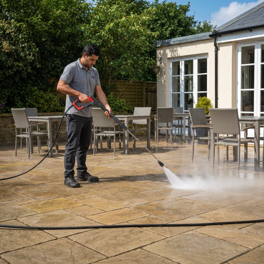 Pressure washing a restaurant garden patio area